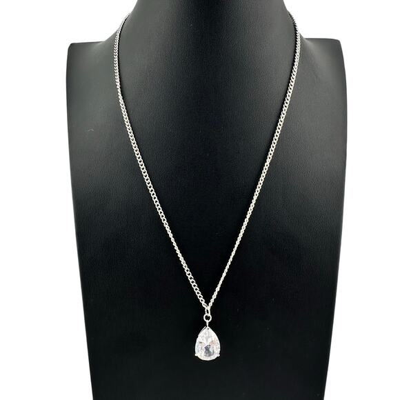 Cubic Zirconia Teardrop Solitaire Prong Set Silver Tone Elegant 18" Necklace - Picture 6 of 8